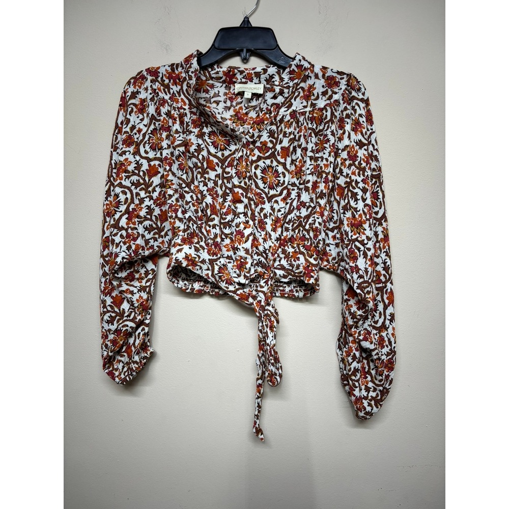Cynthia Rowley Boho Floral Crop Top Small Tie Front Long Sleeve Peasant Blouse